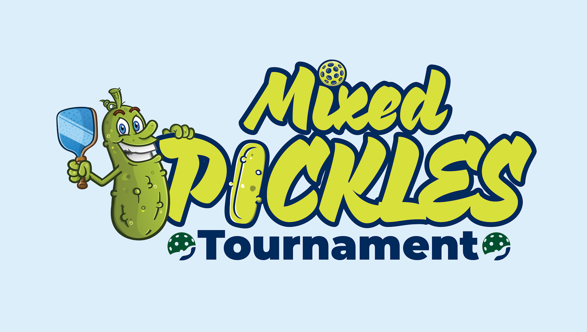 Logo of "Mixed Pickles Tournament" featuring an anthropomorphic pickle with a paddle and a yellow 'P'.