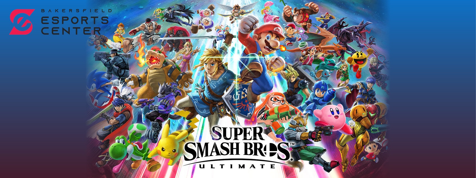 "Super Smash Bros. Ultimate" poster with various characters from the game, and a "Bakersfield Esports Center" logo on the side.