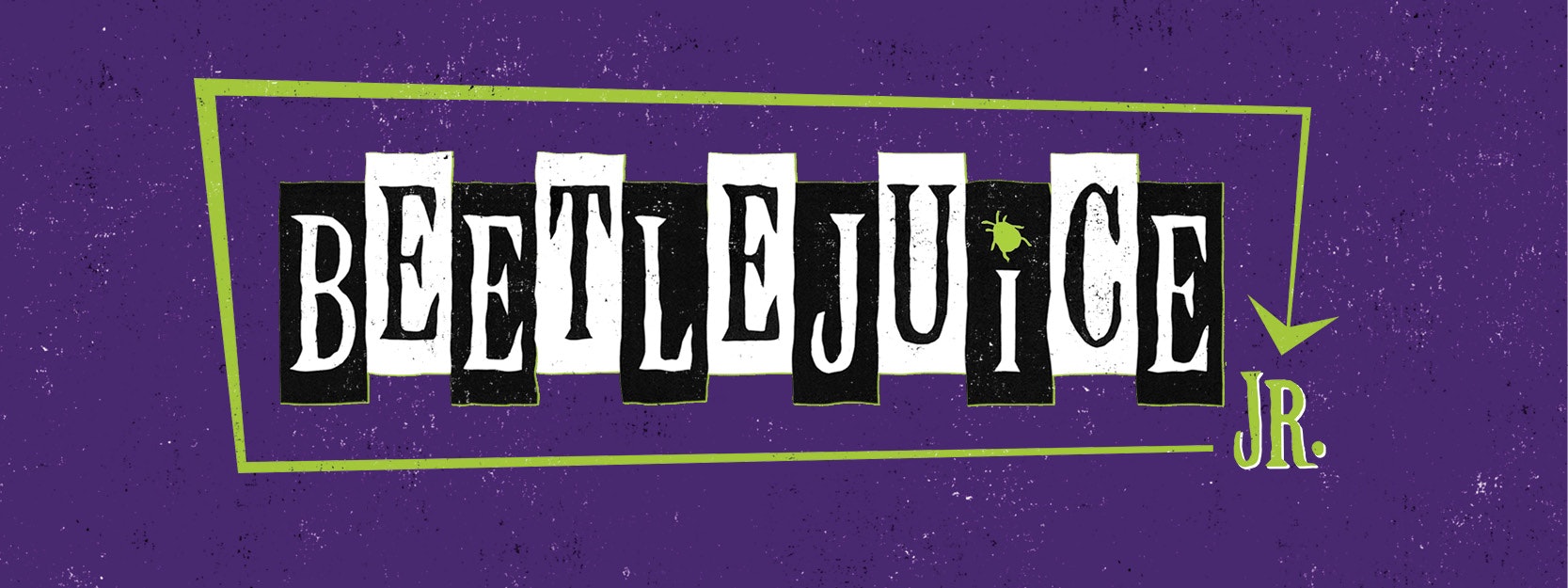 Text "BEETLEJUICE JR." with a beetle icon on a purple background.