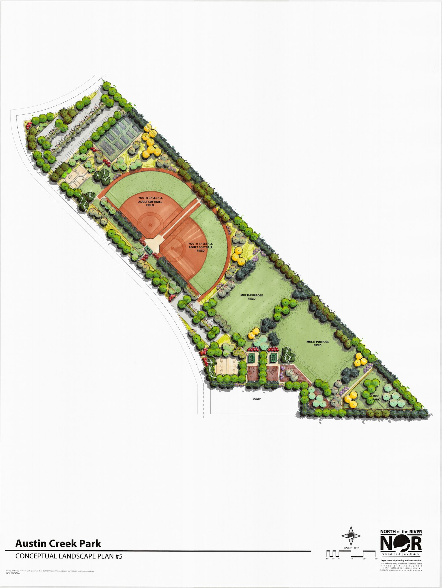 The image shows a colored illustration of the park design for future Austin Creek Park.