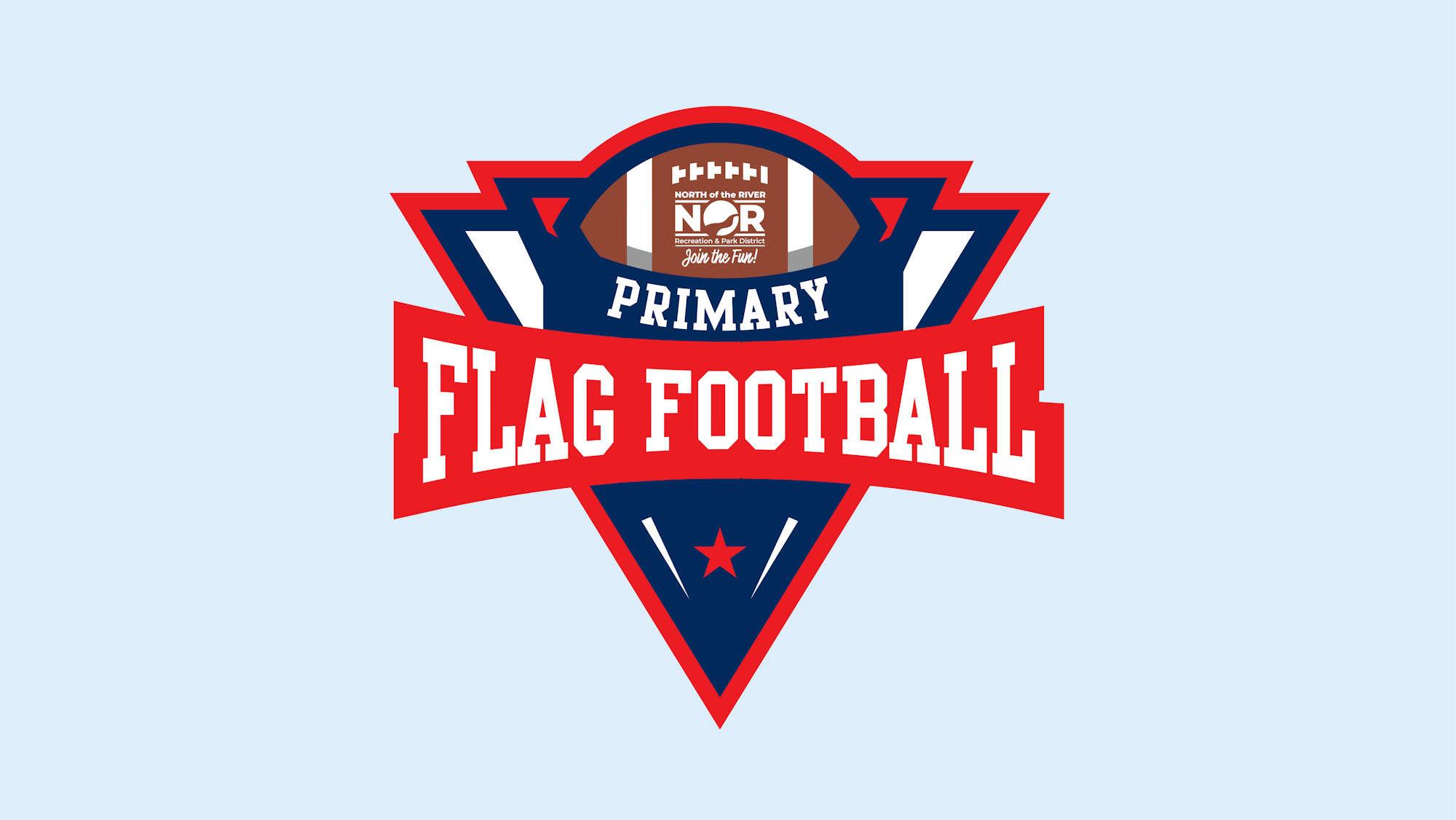 A logo for a "Primary Flag Football" league with patriotic colors and a football illustration.