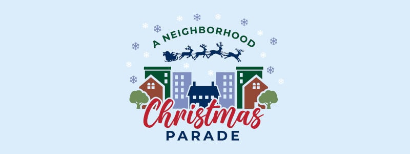 A festive graphic promoting a neighborhood Christmas parade, featuring Santa's sleigh and snowflakes against a winter backdrop.