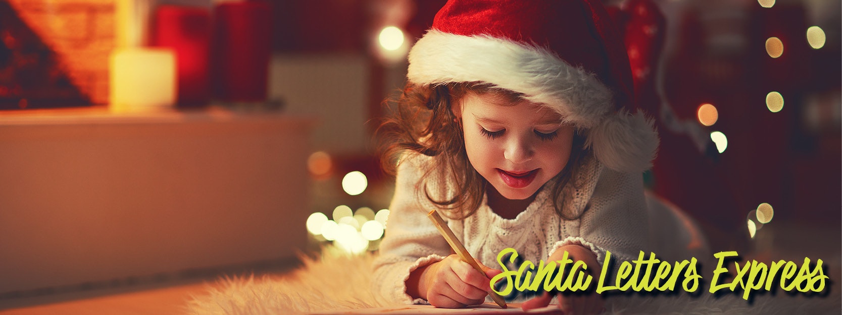 A child wearing a Santa hat writes on paper, surrounded by festive lights. "Santa Letters Express" text is visible.