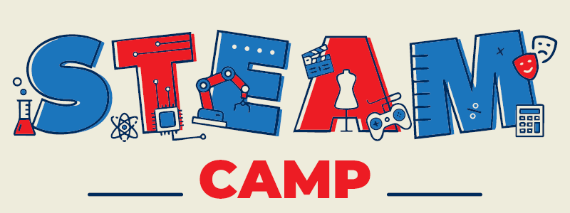 The image promotes a "STEAM CAMP," highlighting elements of science, technology, engineering, arts, and math with colorful graphics.