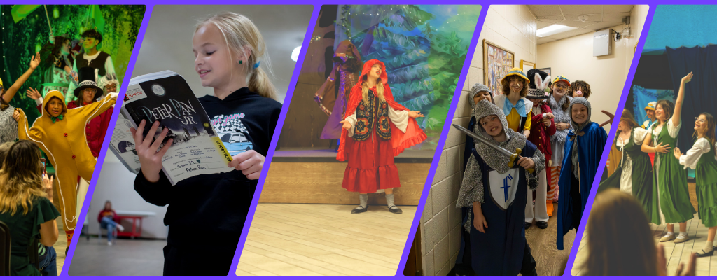 The image showcases a variety of scenes from a youth theater production, featuring rehearsals and performances.