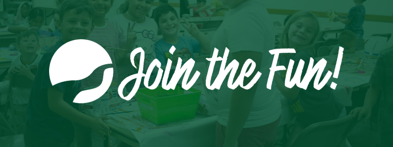 The image shows a group of smiling children at a table with a text overlay that reads "Join the Fun!"