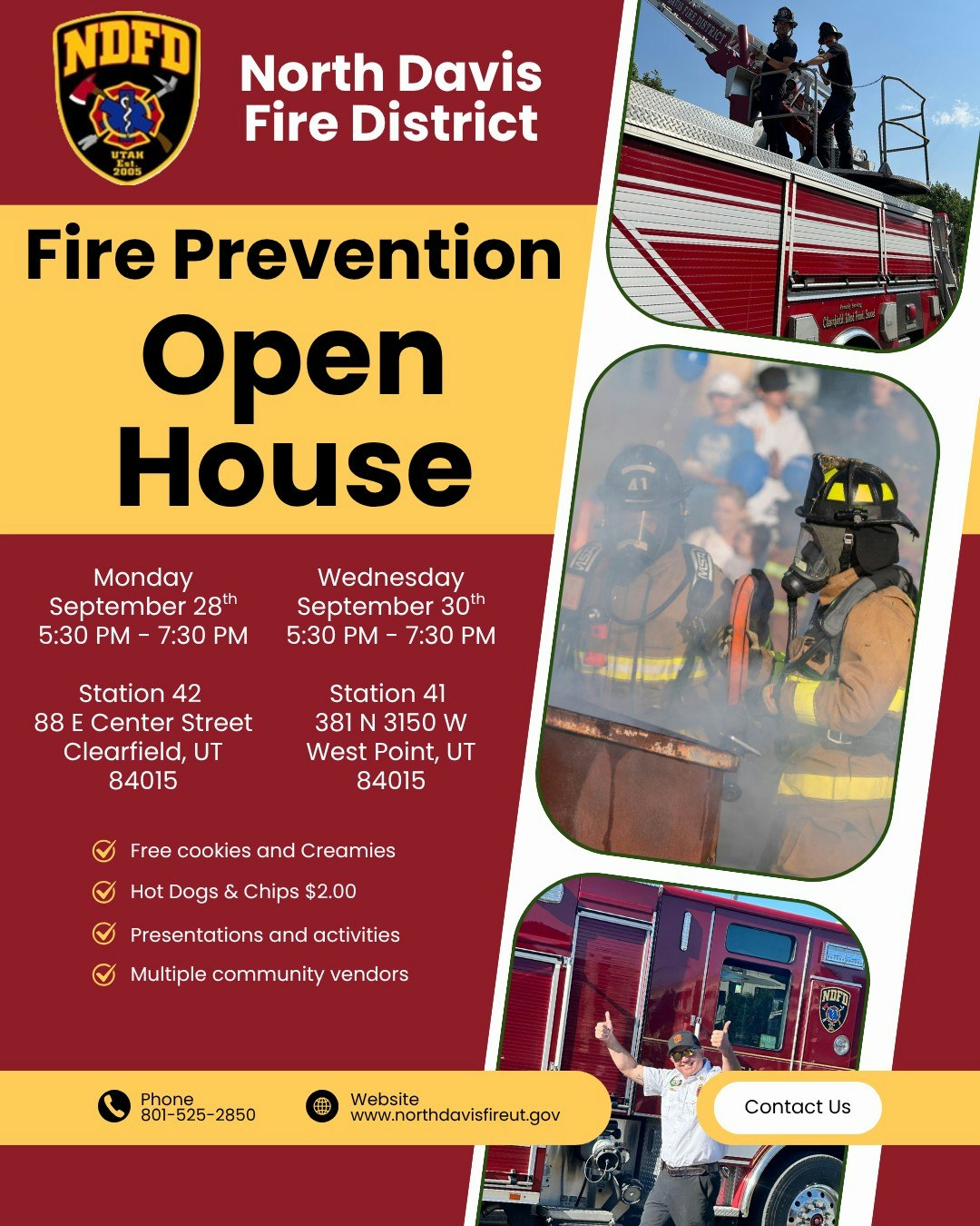 North Davis Fire District is hosting a Fire Prevention Open House on Sept 28 & 30, offering free snacks and activities.