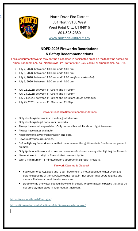 The image outlines 2026 fireworks restrictions and safety recommendations from the North Davis Fire District.