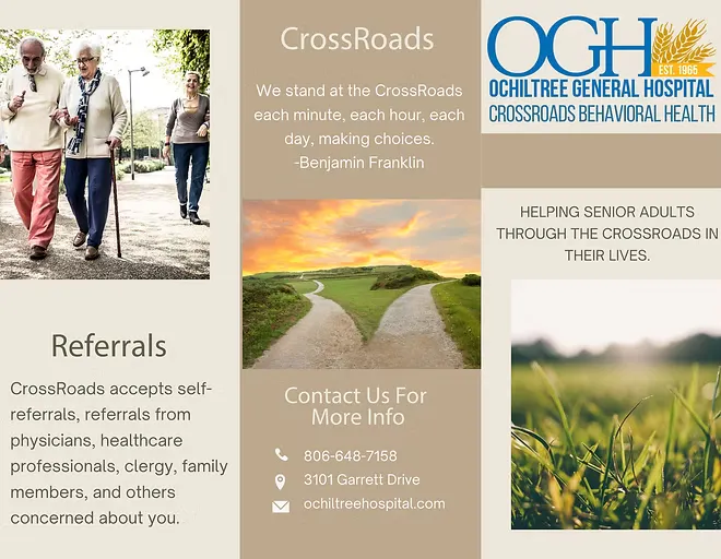 CrossRoads brochure for Ochiltree General Hospital, focusing on senior adult care and referrals. Contact: 806-648-7158.