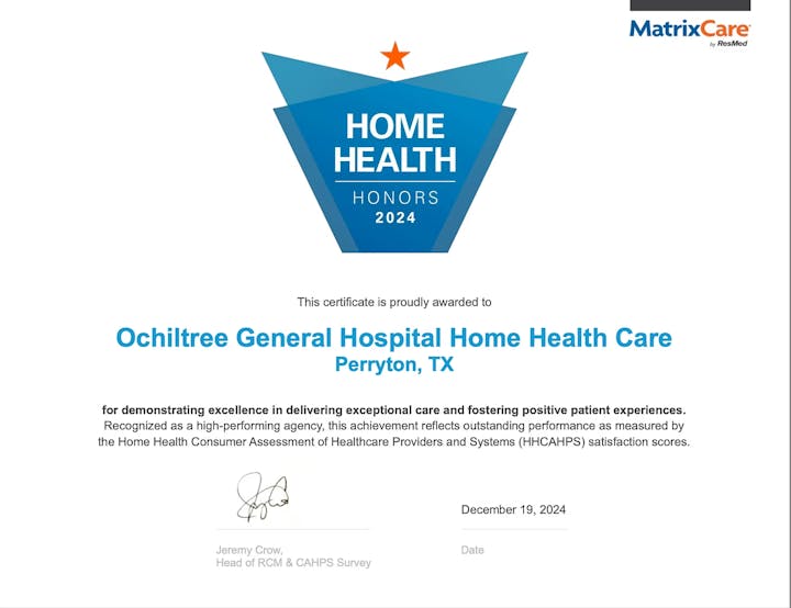 Certificate awarded to Ochiltree General Hospital Home Health Care for excellence, dated December 19, 2024.
