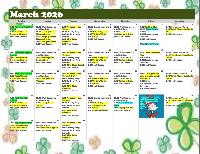 A calendar for March 2026 with activities like exercises, games, lunch outings, and special events for a community setting.