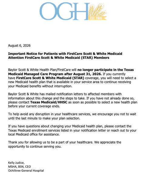Important notice for FirstCare Scott & White Medicaid members: Select a new plan before August 31, 2026, for continued coverage.