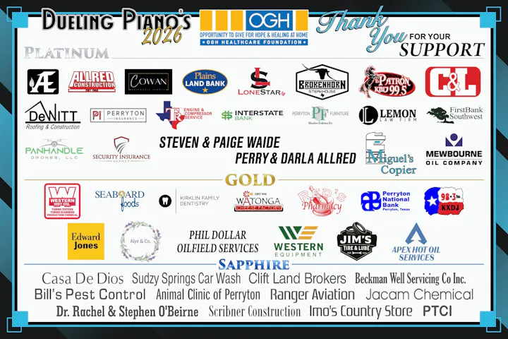 The image features sponsors and supporters for the "Dueling Pianos 2026" event, categorized by sponsorship level.