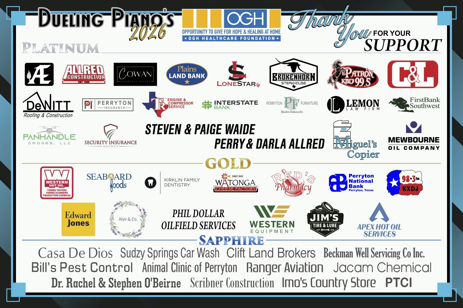 The image features sponsors and supporters for the "Dueling Pianos 2026" event, categorized by sponsorship level.