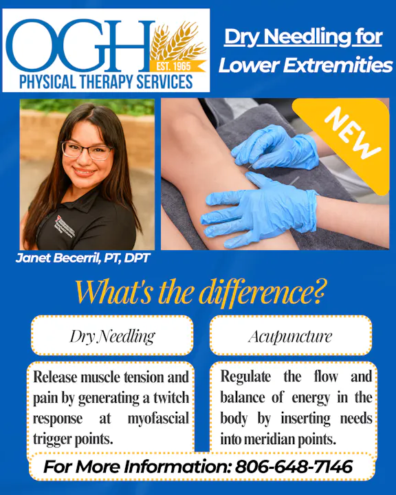 Promoting dry needling for lower extremities, distinguishing it from acupuncture. Contact info provided for more details.