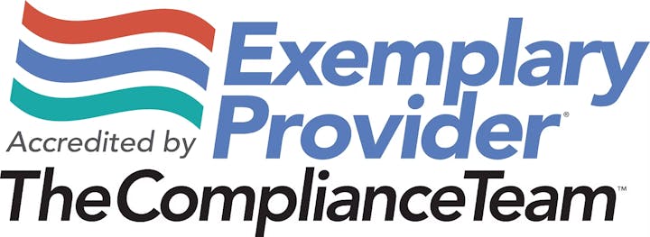 "Exemplary Provider accredited by The Compliance Team" with colored waves.