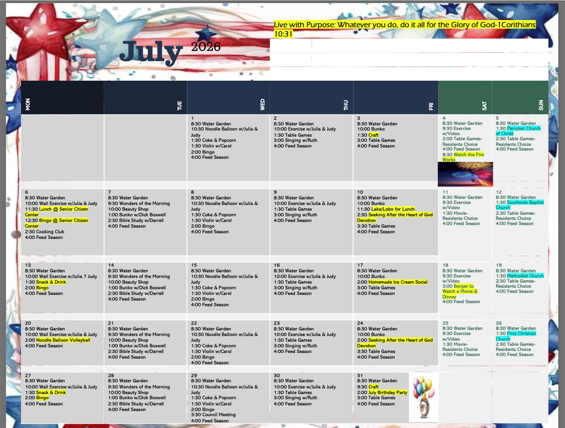 July 2026 calendar for activities at a Senior Center, featuring water garden, exercise classes, Bingo, and various social events.