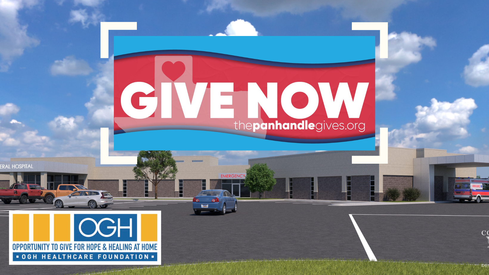 The image promotes donations to "thepanhandlegives.org" for a healthcare foundation, featuring a hospital setting.
