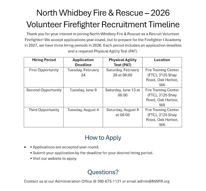 It's a recruitment timeline for volunteer firefighters at North Whidbey Fire & Rescue, detailing application deadlines and physical tests in 2026.