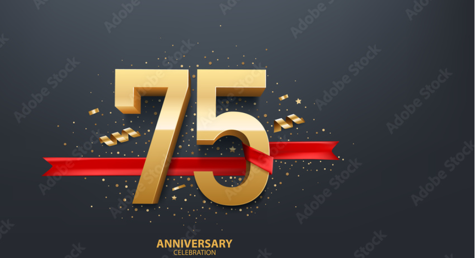 Golden "75" with confetti and a red ribbon, celebrating an anniversary.