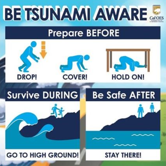 "Be Tsunami Aware" infographic: Prepare - Drop, Cover, Hold! Survive - Go to high ground! Be safe - Stay there!