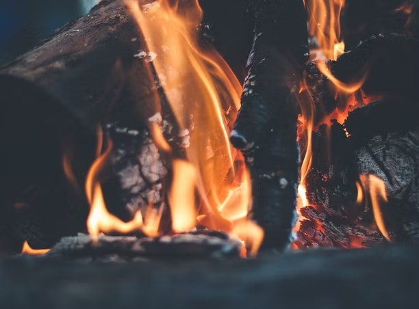 Close-up of burning logs with vibrant orange flames.