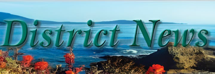 Coastal scene with overlaid text "District News" in large green font.