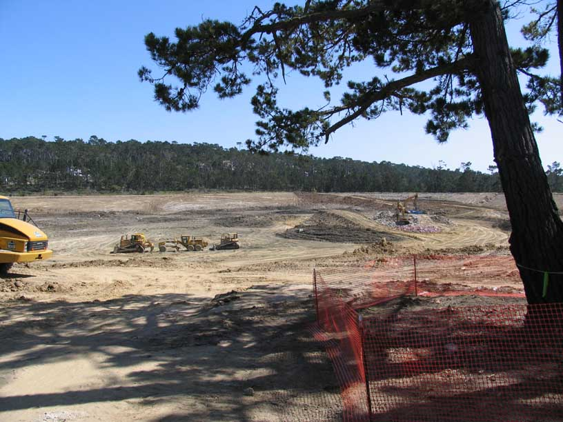 Construction site with heavy machinery, dirt, trees, and safety fence.