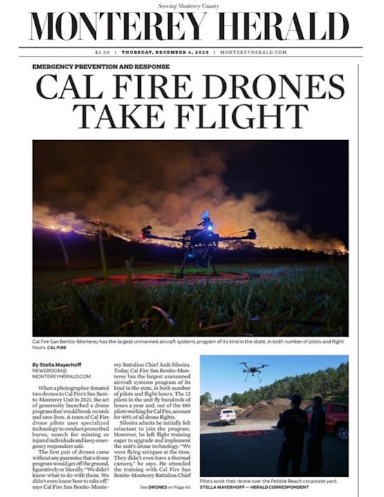 The Monterey Herald discusses Cal Fire's drone program, highlighting its importance in emergency response and firefighting efforts.