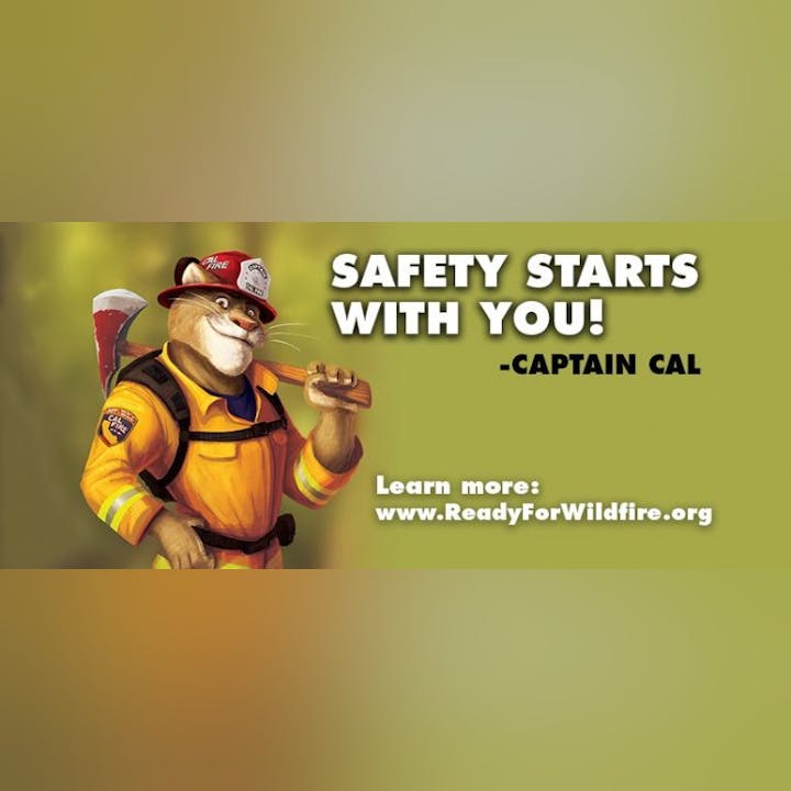 A lion firefighter holds a sandwich with text saying "Safety starts with you!" by Captain Cal. Link: ReadyForWildfire.org.