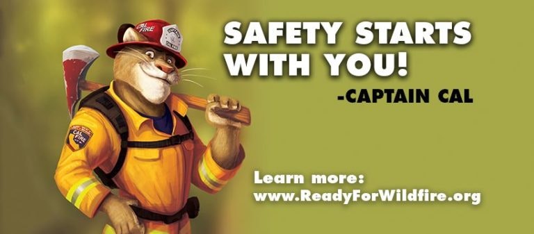 A lion firefighter holds a sandwich with text saying "Safety starts with you!" by Captain Cal. Link: ReadyForWildfire.org.