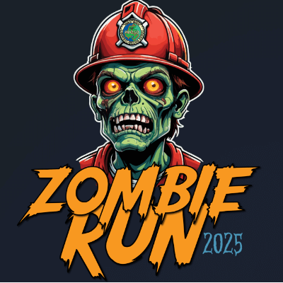 Zombie wearing a fire helmet with "Zombie Run 2025" text in bold, stylized lettering.