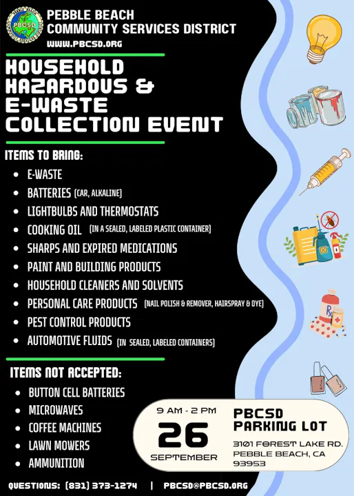 Household Hazardous & E-Waste Collection Event on September 26, 9 AM - 2 PM at PB Community Services District. Bring listed items!