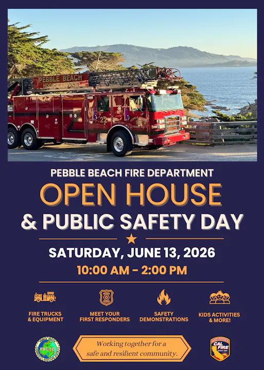 The image is an announcement for the Pebble Beach Fire Department's Open House & Public Safety Day on June 13, 2026, from 10 AM to 2 PM.