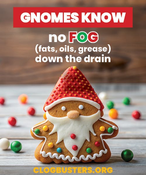 The image features a festive gingerbread gnome with a message about not disposing of fats, oils, and grease down the drain.