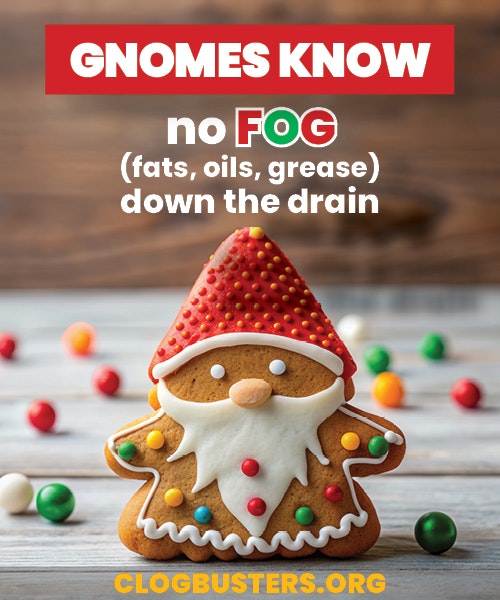 The image features a festive gingerbread gnome with a message about not disposing of fats, oils, and grease down the drain.
