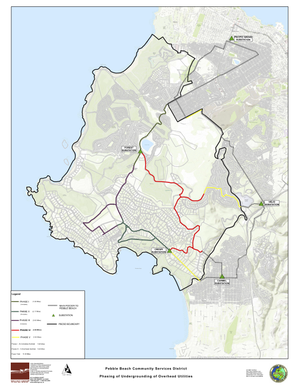 Map of Pebble Beach showing phases for undergrounding overhead utilities with color-coded routes.