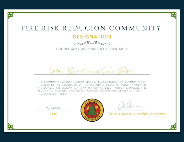 A certificate designating Pebble Beach Community Services District as a Fire Risk Reduction Community, valid from 2026-2028.