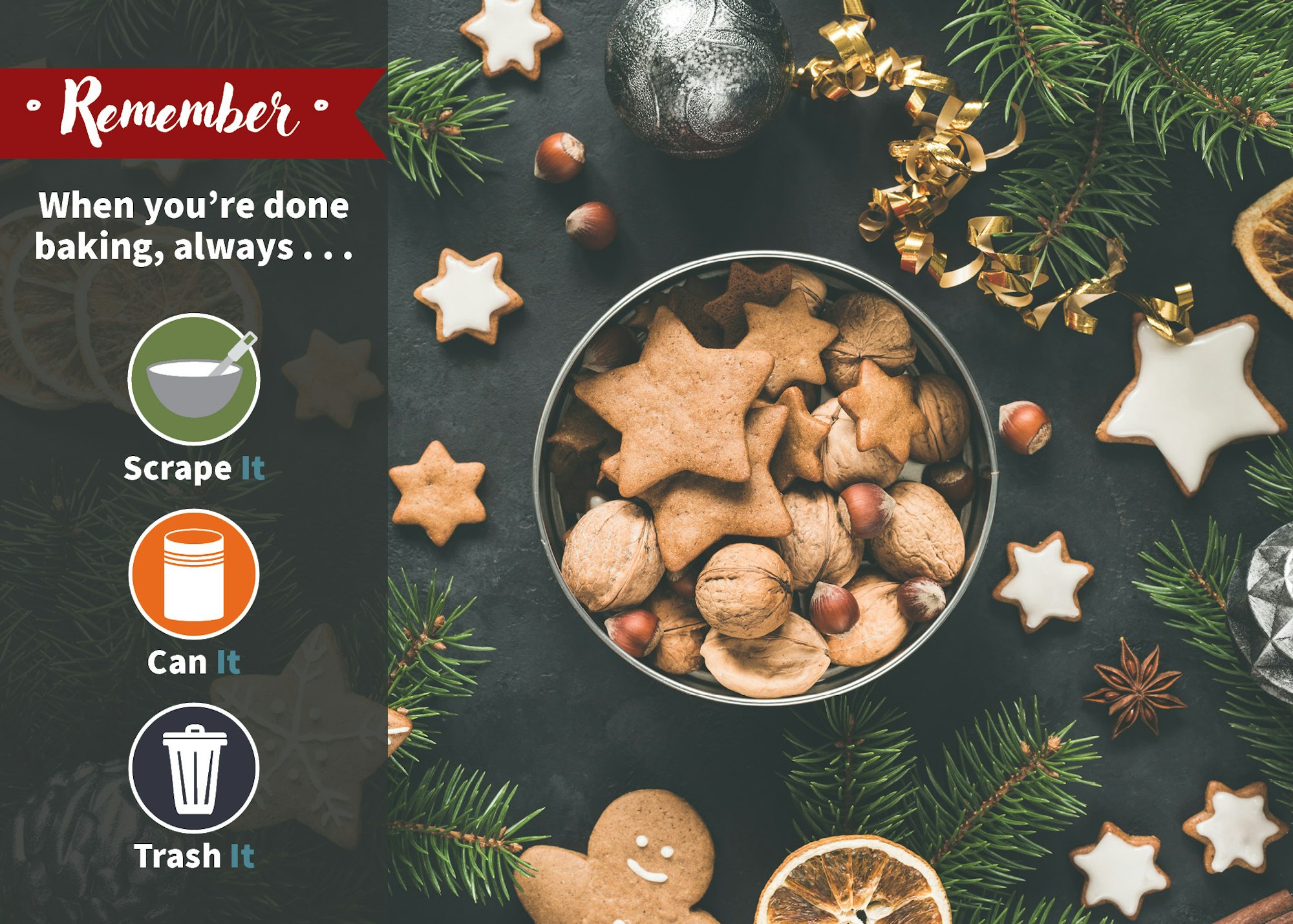 A festive arrangement of cookies, nuts, and holiday decorations, with tips to scrape, can, or trash leftovers from baking.