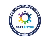A logo for "Registered Safe Sitter Provider" with colorful dots forming a circle around the name "SAFESITTER" and a website URL.