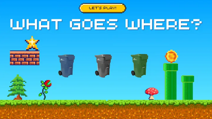 A playful graphic featuring recycling bins in a video game style, inviting players to learn about waste sorting.