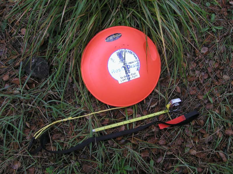 A red frisbee and tape measure on grass.