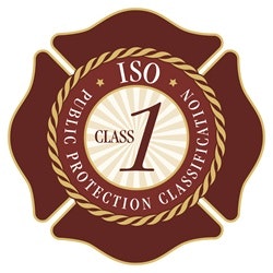 ISO Public Protection Classification Class 1 badge, featuring a maroon and gold design.