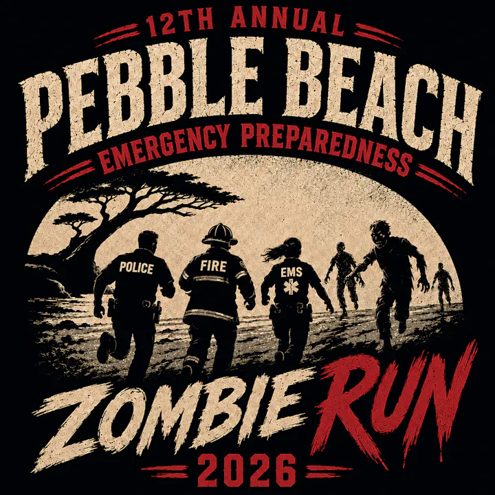 12th Annual Pebble Beach Zombie Run for emergency preparedness, featuring emergency responders and zombies.