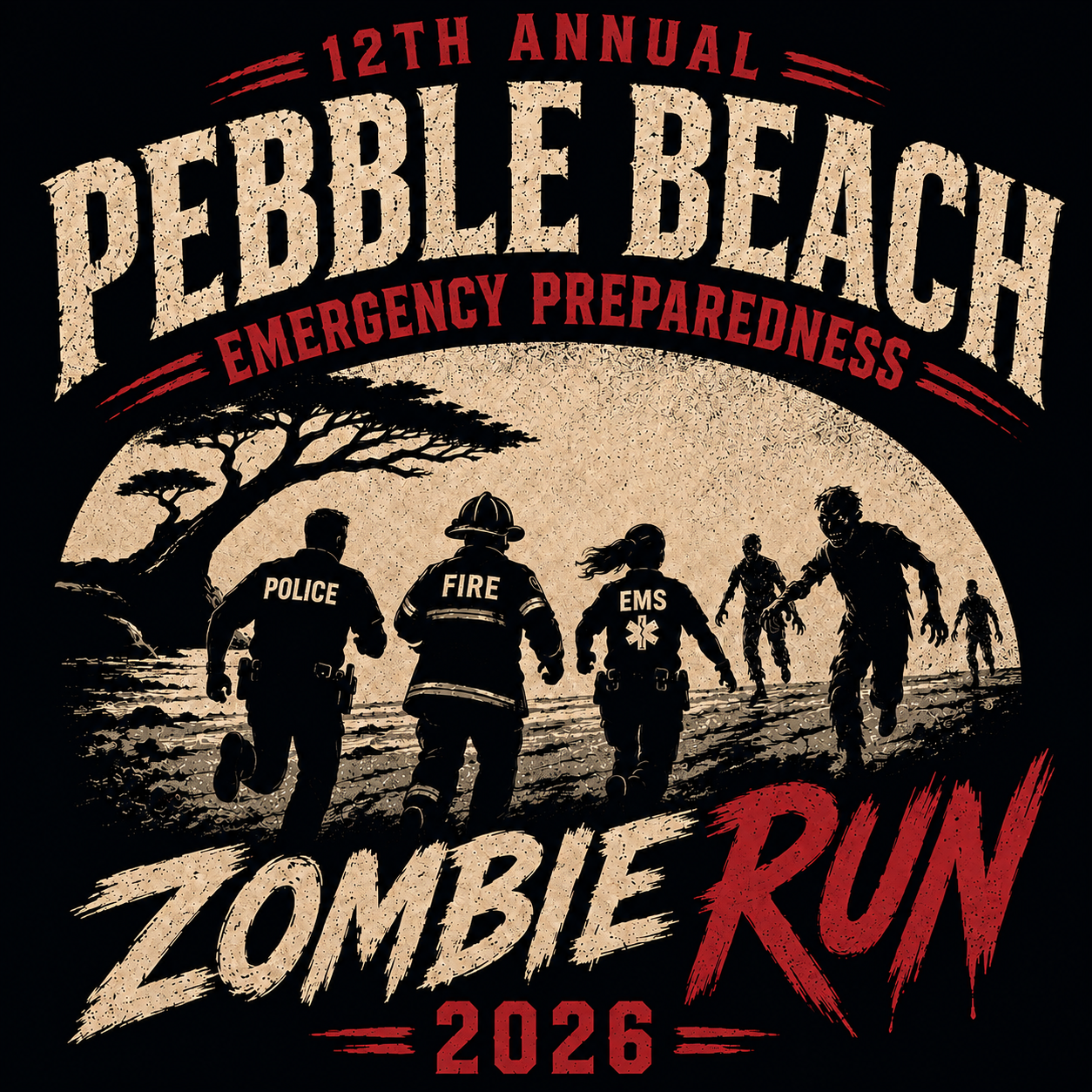 12th Annual Pebble Beach Zombie Run for emergency preparedness, featuring emergency responders and zombies.