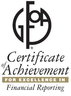 A logo with "GFOA" and text "Certificate of Achievement for Excellence in Financial Reporting".