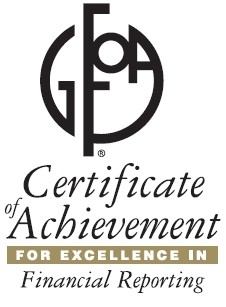 A logo with "GFOA" and text "Certificate of Achievement for Excellence in Financial Reporting".