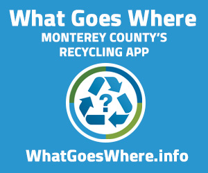 Ad for Monterey County's recycling app "What Goes Where" with recycling symbol and URL.