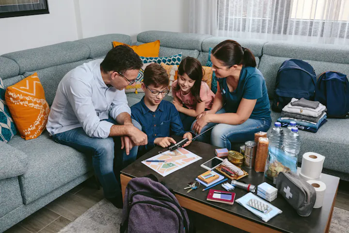 A family gathers on a couch, examining a map on a phone while surrounded by supplies, including water bottles and backpacks.
