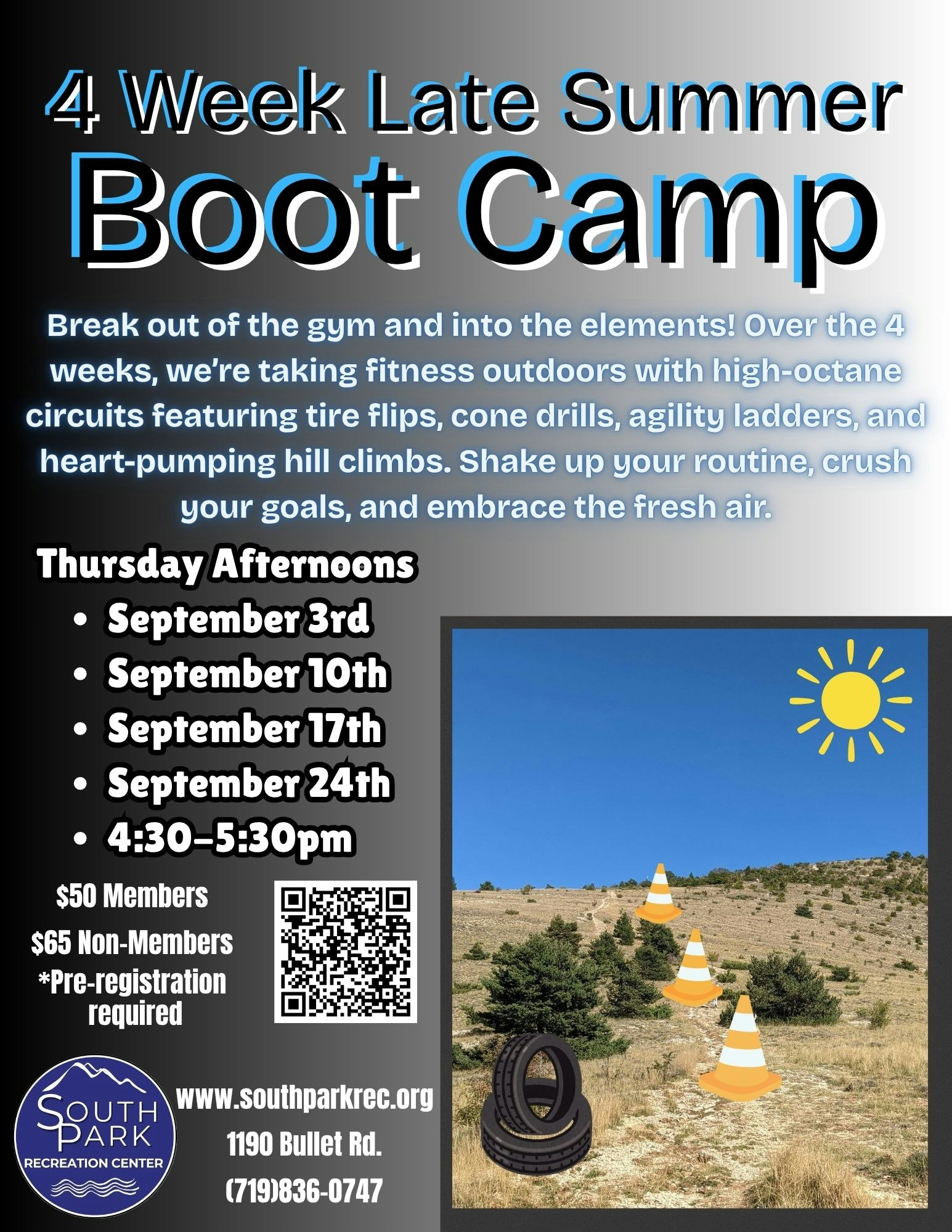 Join a 4-week outdoor boot camp starting September 3rd! Activities include tire flips, drills, and hill climbs. Pre-register!